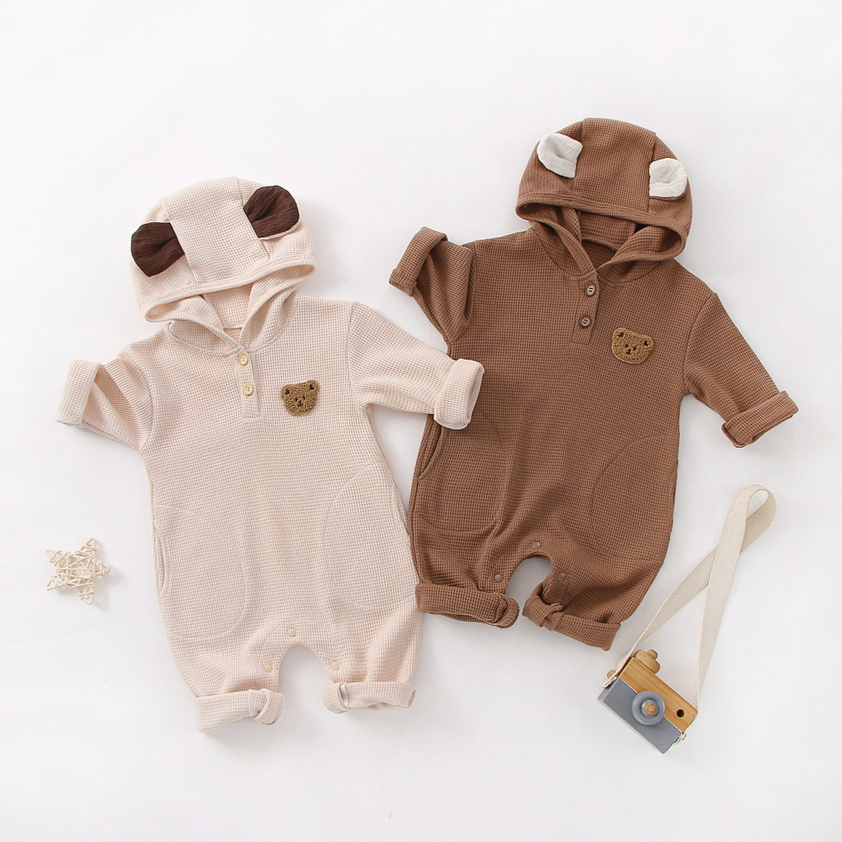 Picture of Baby Autumn Jumpsuit Baby Cartoon Bear Waffle Hooded Outdoor Crawling Suit Newborn Long-Sleeved Clothes