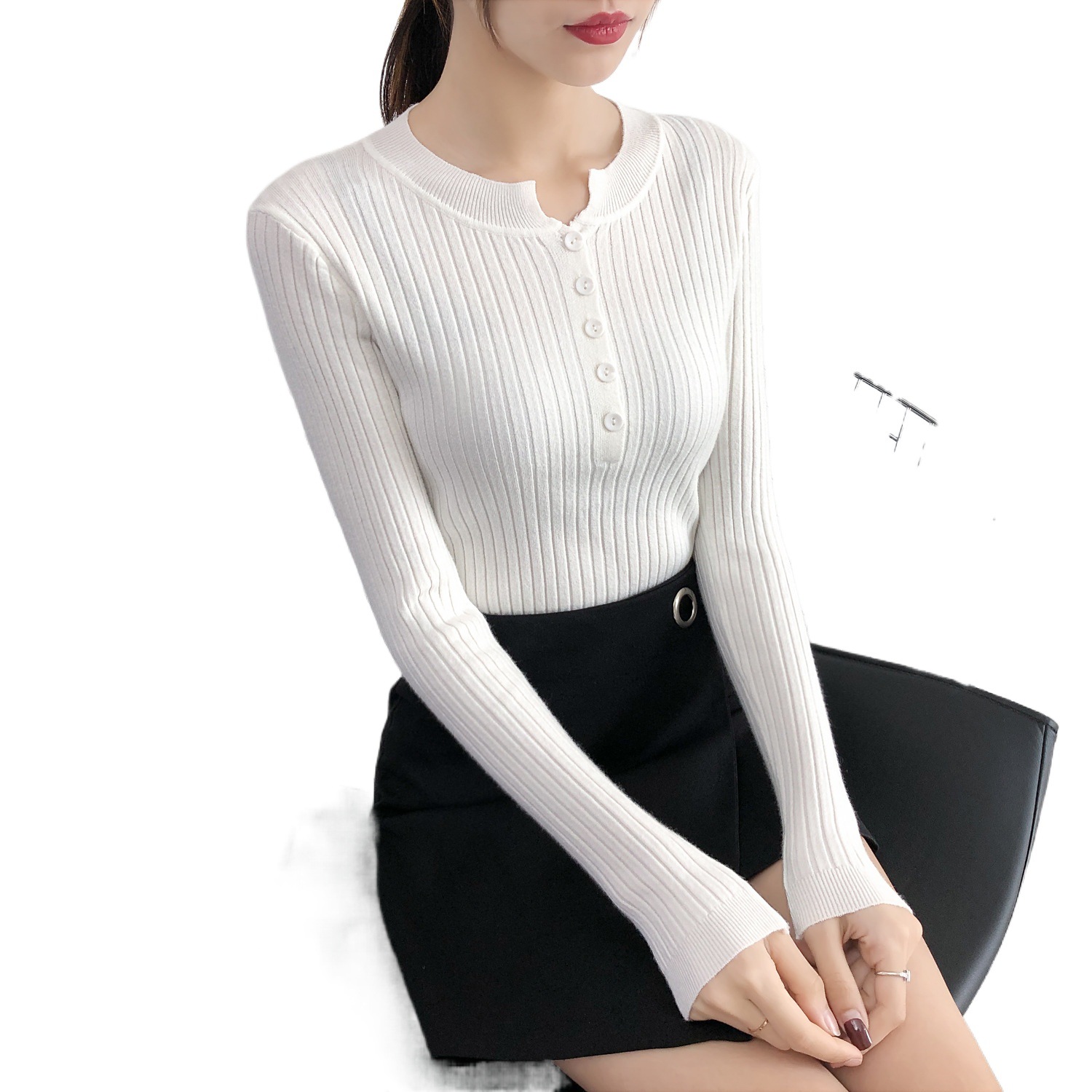 Picture of Real shot autumn and winter New Low round neck leaky collarbone knitted bottoming shirt slim short thin sweater button top