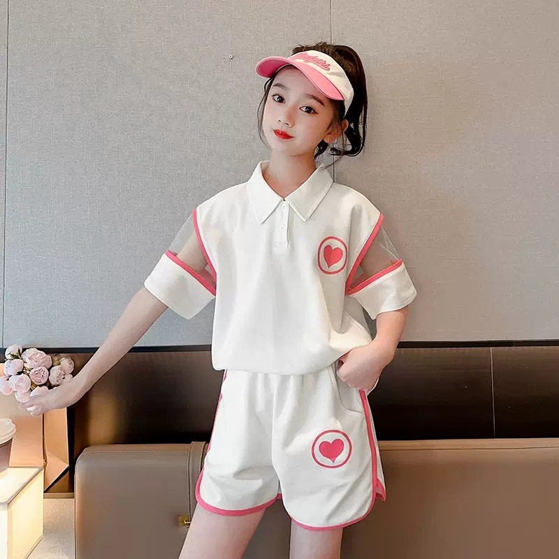 Girls' Summer New Korean Style Children's Casual Sports Suit for Older Children, Polo Collar Short Sleeve and Shorts Two-Piece Set