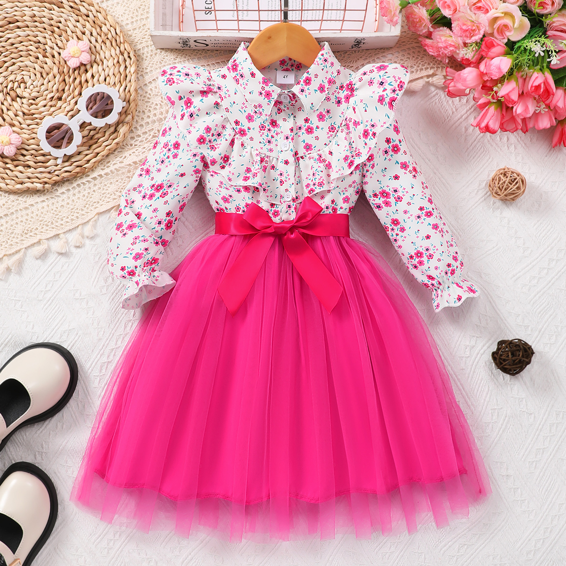 Picture of New Style Long-Sleeved Lapel Floral Print Mesh Dress for Girls and Older Children with Woven Belt