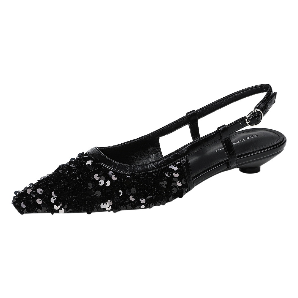139-8 silver sequined pointed low heel single-layer shoes for women new fairy shallow mouth hollow flat single-layer shoes for banquet women's shoes