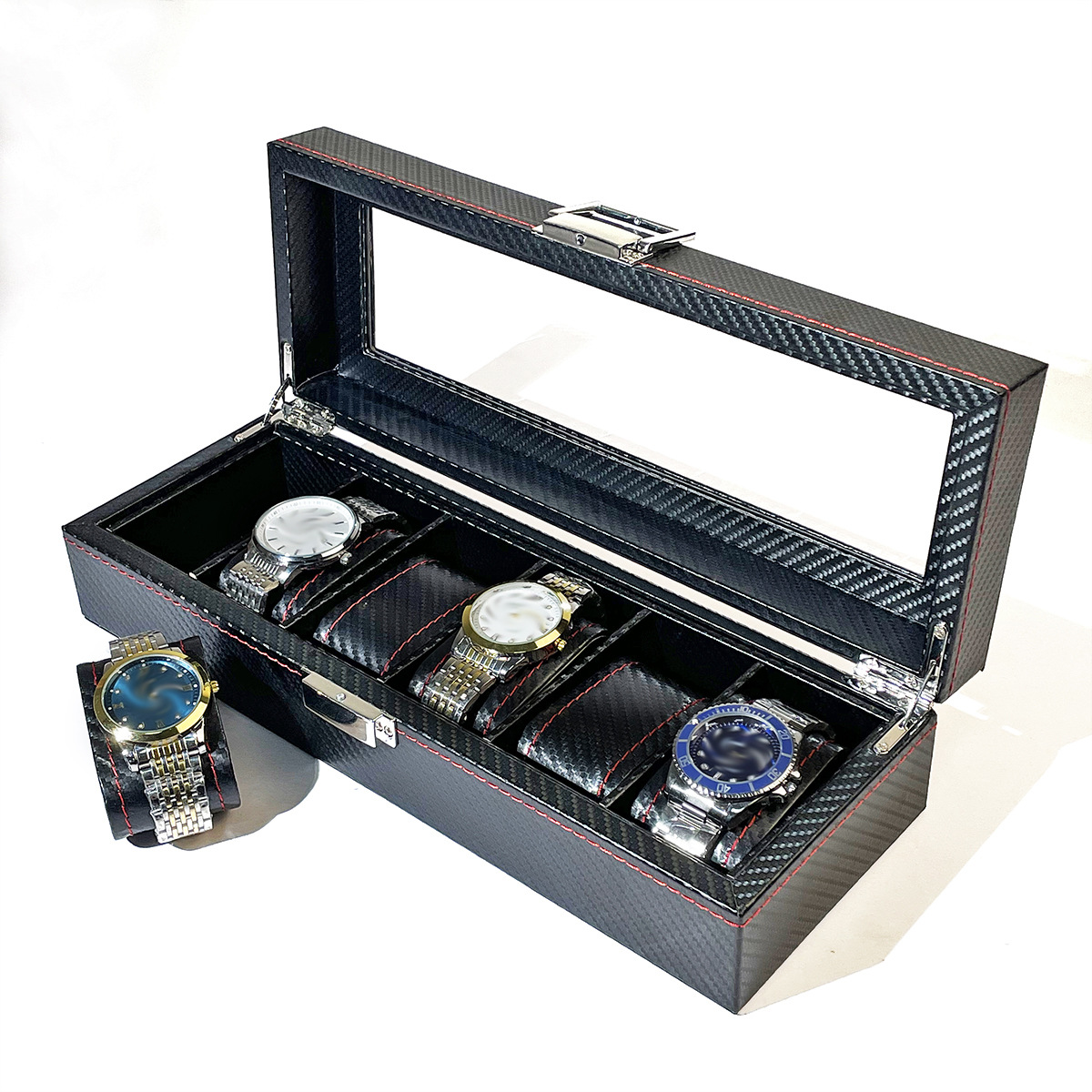 Carbon Fiber Pu 6-Position Watch Storage Box Multi-Grids Fashionable Leather Watch Box Storage Box Storage Flannel Storage
