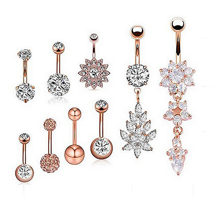 Amazon wish new exquisite AB white color belly button ring 9 zircon diamond belly button nail combination set