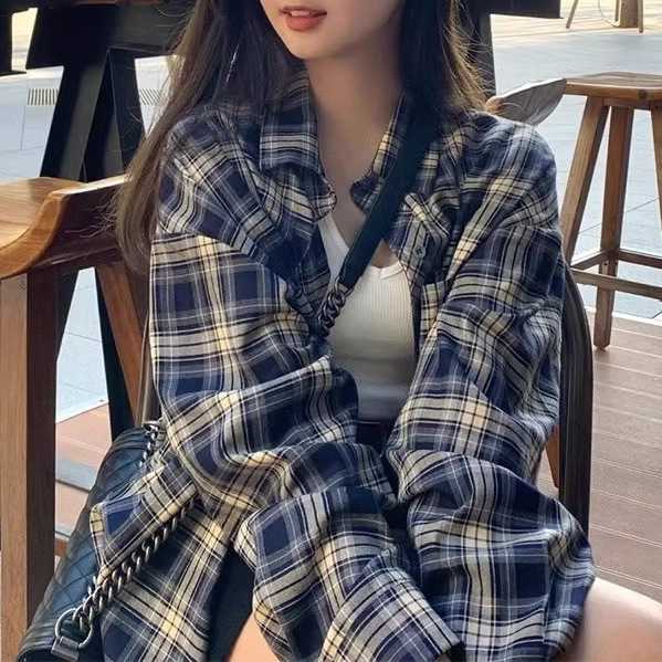 Early Spring Plaid Shirt Women's Lazy Style Loose Shirt Cardigan Coat Long-sleeved French Top Sunscreen Shirt