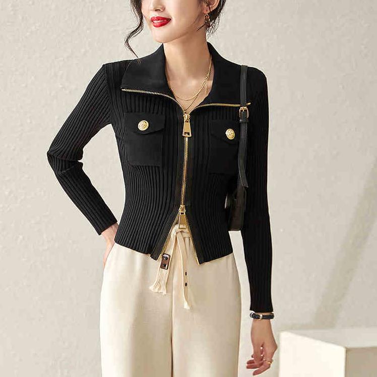 2024 Early Autumn New Pit Long-sleeved Knitted Sweater Women's Lapel Double Zipper Slim-fit Long-sleeved Knitted Cardigan Top