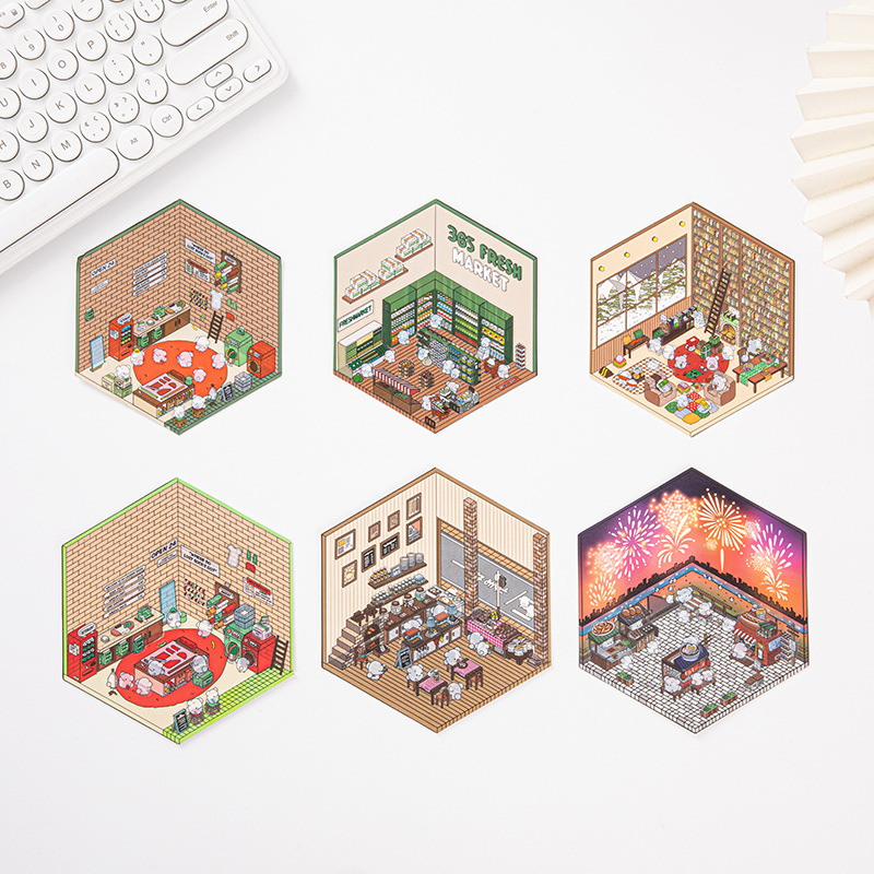 Picture of Cross-Border Korean-Style Miniature House Stickers, Miniature Scene, No-Cut Journaling, 3D Stereo Stacking Journaling, Stereo Scene