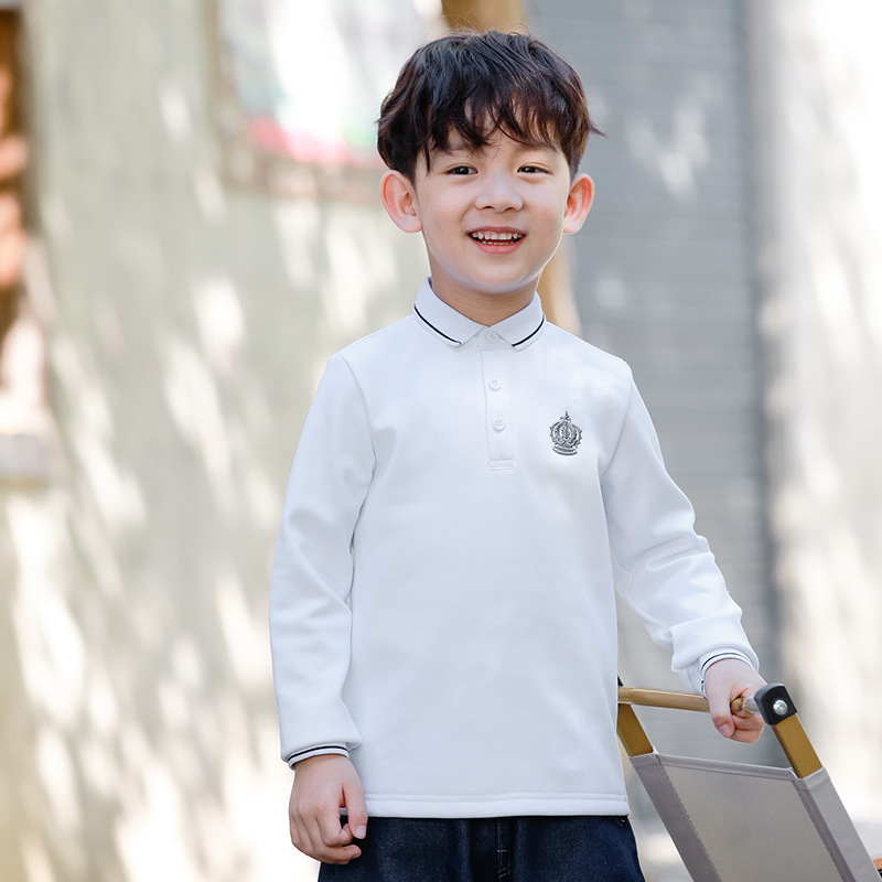Picture of Boys' Long-sleeved T-shirt Fleece-lined Polo Shirt White Base Shirt for Middle and Big Children
