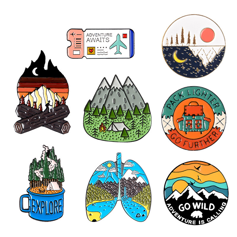 Picture of Oil dripping paint alloy brooch heart Cup EXPLORE outdoor adventure ticket hourglass pin brooch