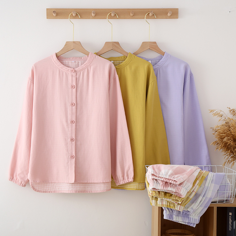 Picture of Spring and Autumn Thin Yarn-dyed Gauze Women's Pure Cotton Pajamas Suit Japanese Style Long Sleeve Pullover Plaid Exterior Wear