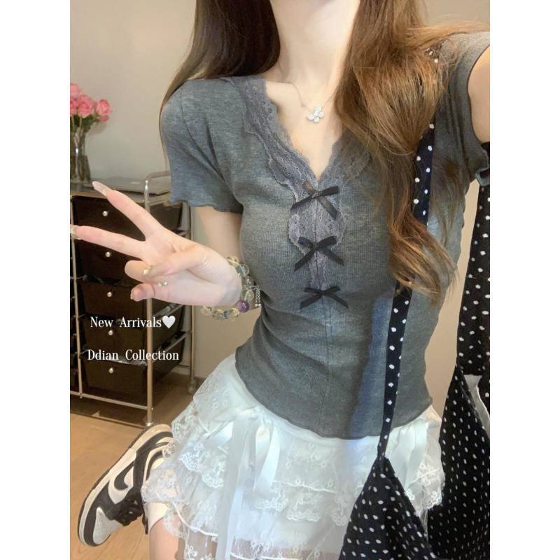 Women's Short-sleeved Shoulder Top with Lace Stitching Collar with Bow in Spring and Summer