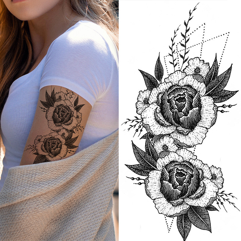 Picture of Cross-Border Supply of Sketch Flower Tattoo Stickers, Sketch Tattoo Stickers, Rose Flower Black and White Flower Tattoo
