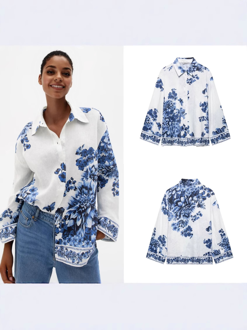 Cross-border foreign trade women's clothing 2025 spring new European and American style lapel color long sleeve printed shirt