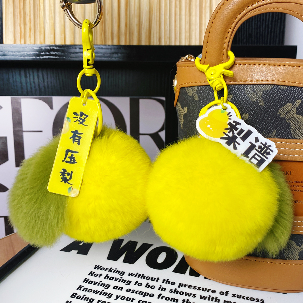 Real Rex Rabbit Fur Plush Yali Pear Bag Pendant No Pressure Fruit Keychain Gifts for Mobile Phone Pendant