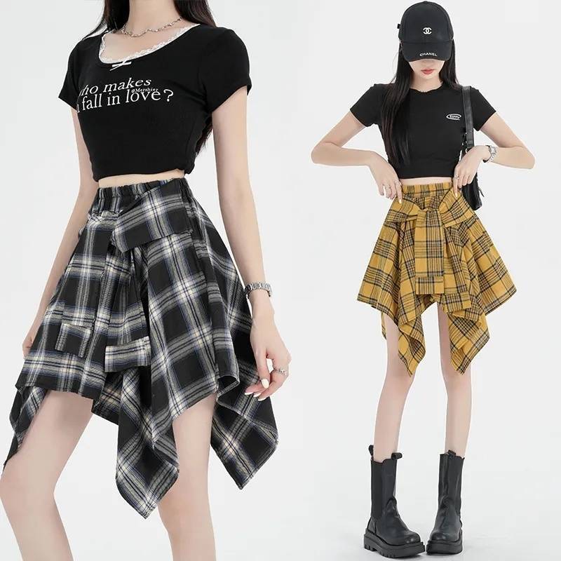 Design Irregular Plaid Skirt Women's New High-Waisted Bow Tie Casual Sports Skirt