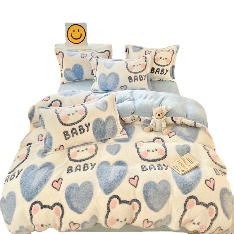 Snow velvet four-piece set winter warm coral velvet cute cartoon style double-sided velvet 3D three-dimensional milk velvet four-piece set