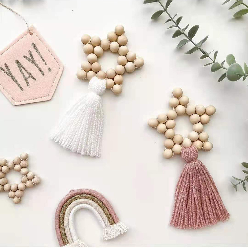 Nordic Simple Wooden Beads Beaded Five-pointed Star Tassel Children's Room Decoration Wall Hanging Wall Decorations Photo Props