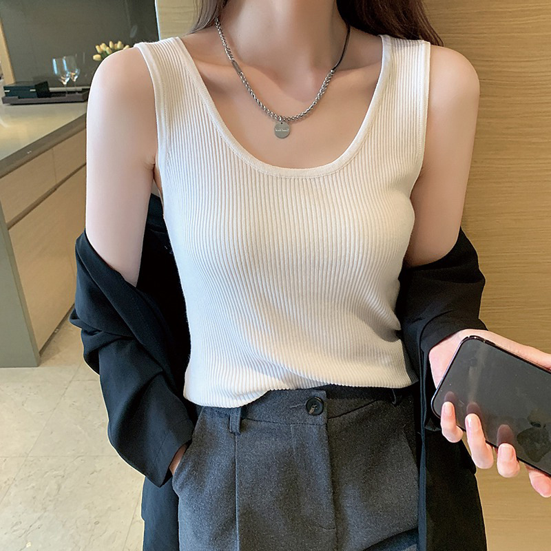 Knitted Vest Women's New 2022 Explosions Black Suit with White Ice Silk Sling Sleeveless Top Trendy Outer Wear