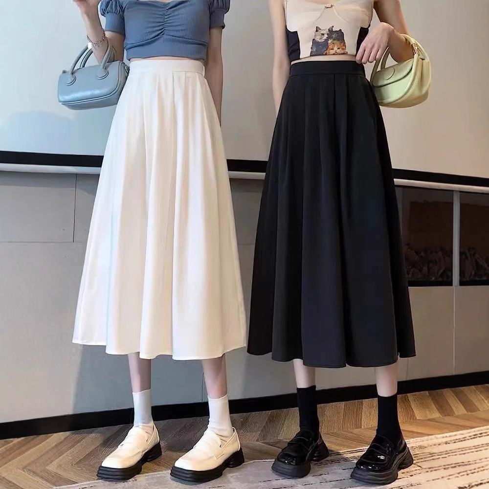 Cross-Border White Draped Slimming Look Skirt Summer Women's 2025 New A-Line Skirt High Waist Mid-Length Skirt Trendy