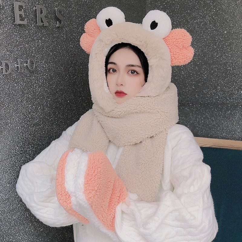 Picture of Children's winter hat scarf all-in-one Boys and Girls baby cute dinosaur warm plush padded gloves three-piece set