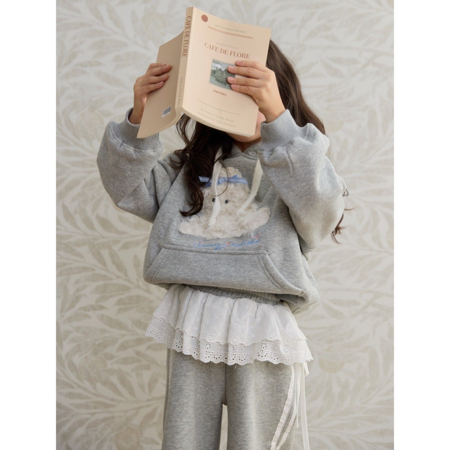 Girls' Korean-style suit Children's Autumn and Winter Cartoon Hoodie Fashionable Stitching Lace-edge Trousers Two-piece Set