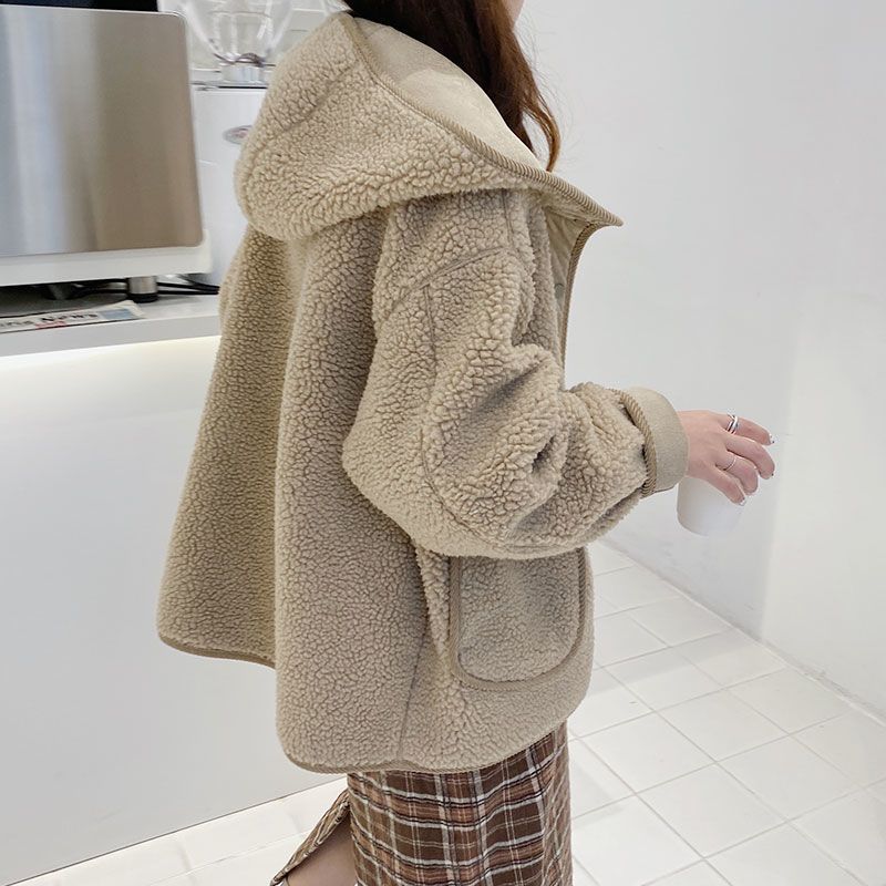 Picture of Imitation Lamb Wool Hooded Outwear for Women, Autumn and Winter Outwear with Button, New Korean Style, Loose, Slim and Versatile Top for Small People
