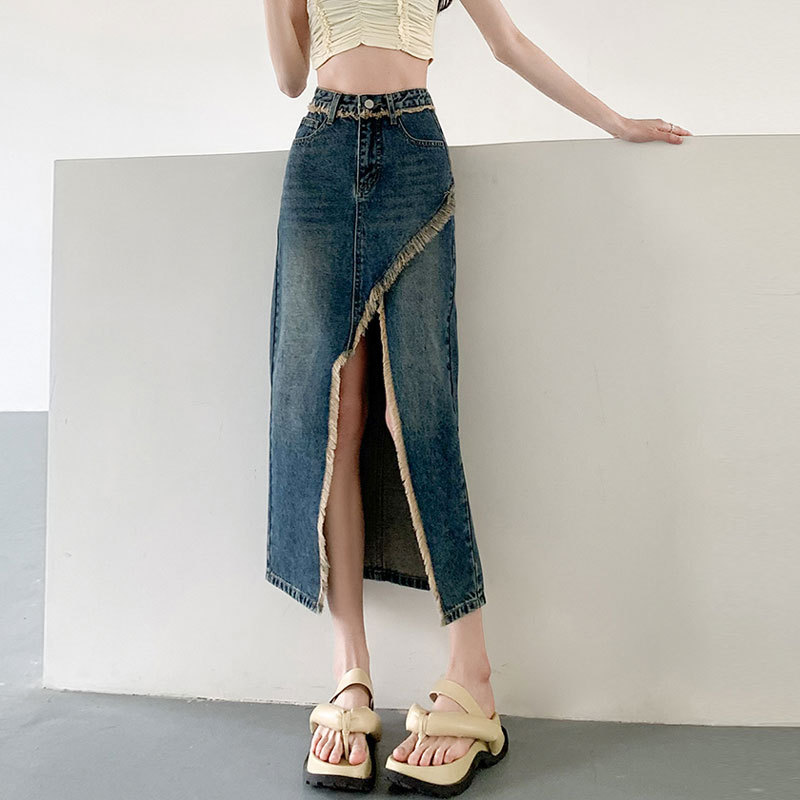 Irregular Skirt a-Shaped Mid-Length Casual Retro Meat Covering Hip Skirt Split Rust High Waist Denim Skirt for Children