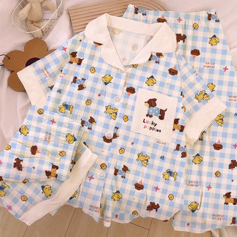 Pajamas for Women Summer Sweet Cartoon Plaid Short-Sleeved Three-Piece Suit for Girls Spring and Autumn Casual Home Wear Suit