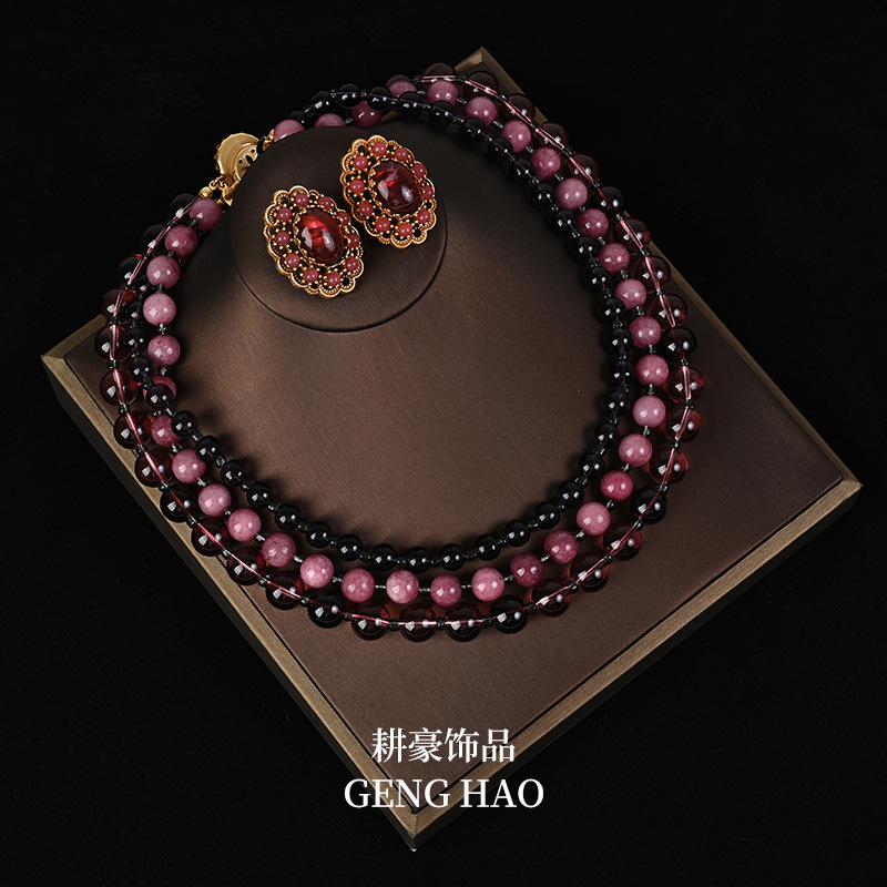New Middle Antique Heavy Industry Light Luxury Vacuum Electroplated Multicolor Glass Inlaid Hollow Relief Necklace Stud Earrings suit