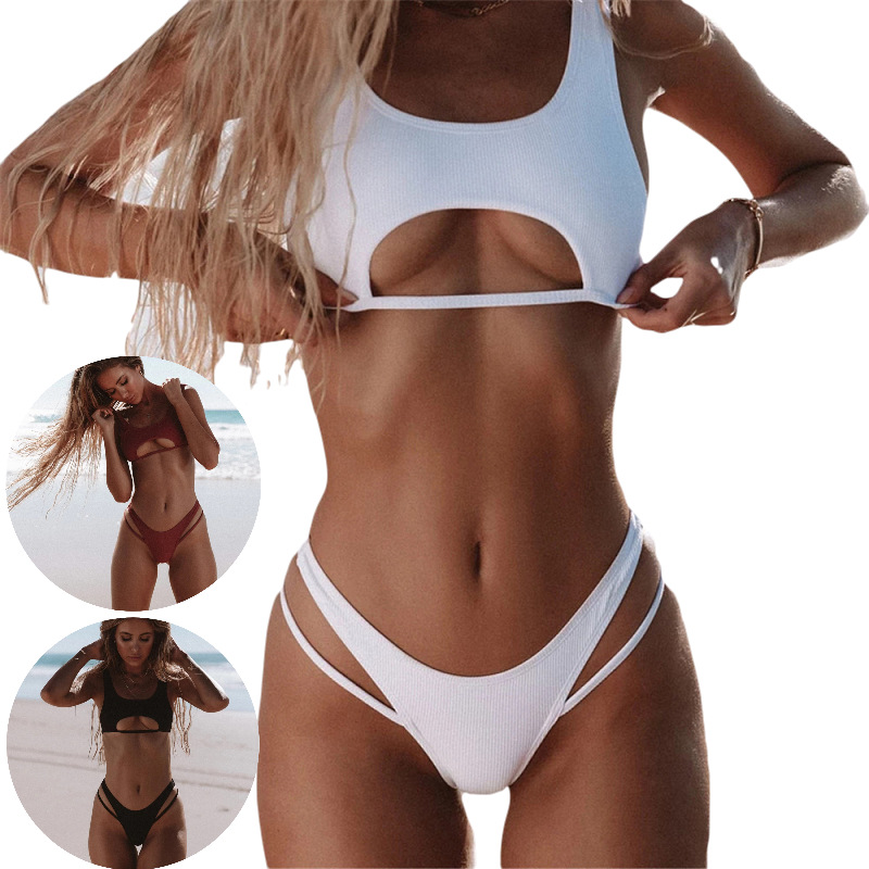 2020 European and American Foreign Trade New Style Bikini Sexy Chest Pad Gather Solid Color Hollow Beach Women's Swimsuit Swim Trunks Set