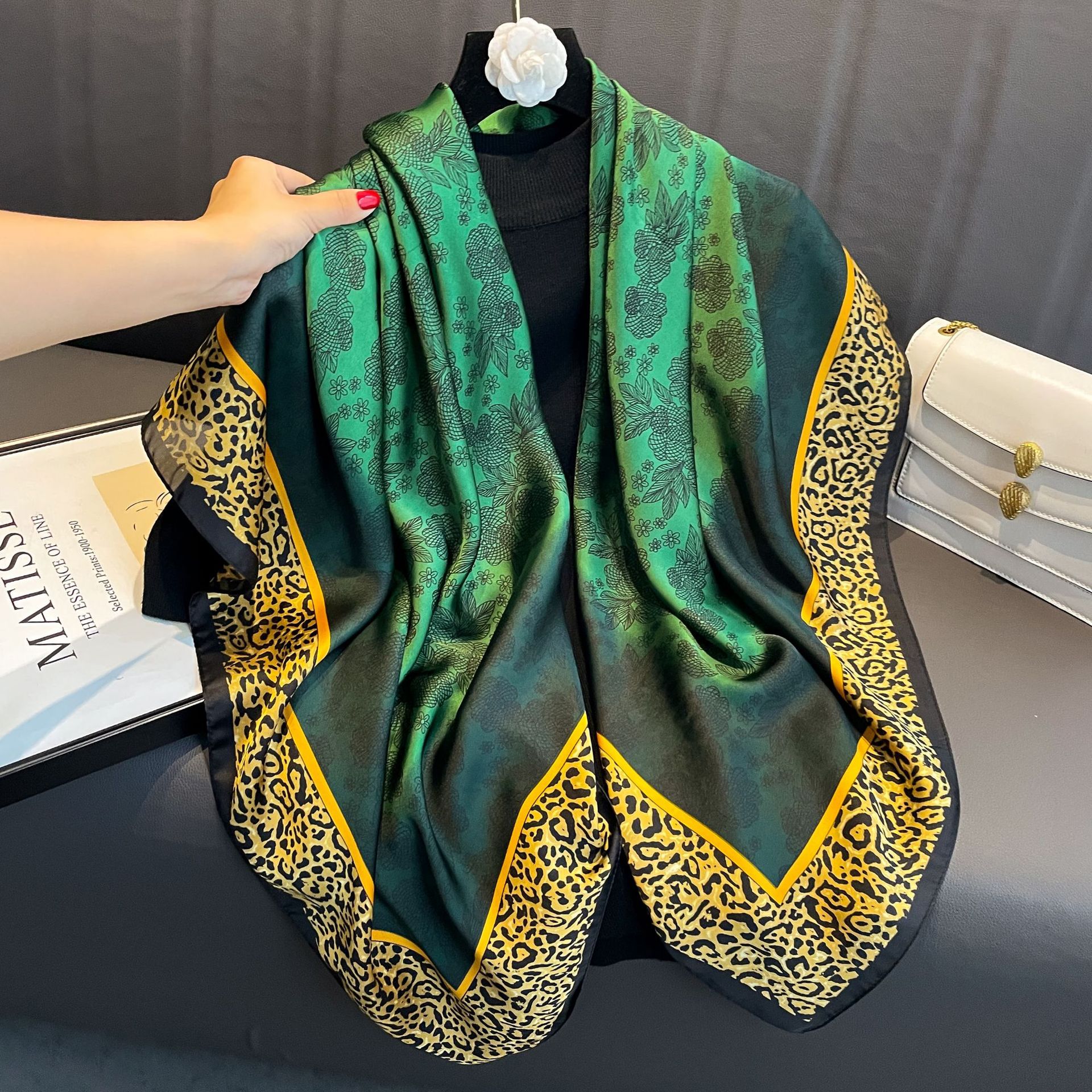 Spring and Autumn New 110 × 110 square scarf green leopard print satin scarf brocade forged artificial silk scarf S11021
