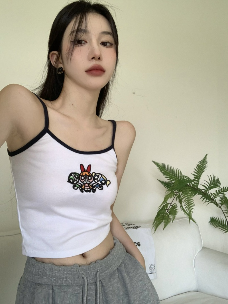 American Style Retro Bm Style Small Sling Women's Summer 2024 New Arrival Outer Wear Cartoon Embroidered Slim-Fit Short Vest Top