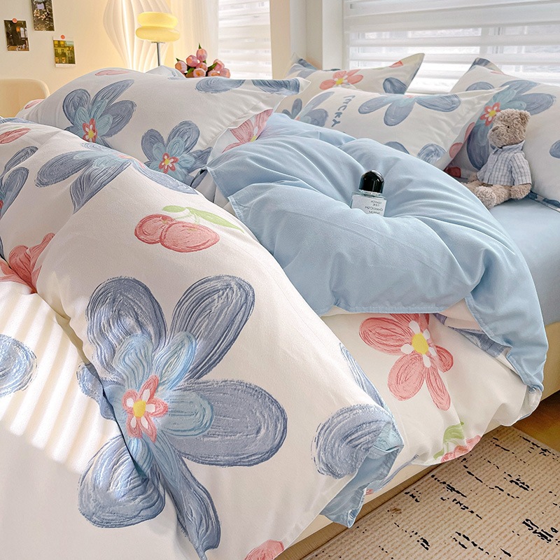 Class A four-piece set of small fresh thick sanding skin-friendly quilt cover water-washed cotton sheets student dormitory three or four-piece cover A