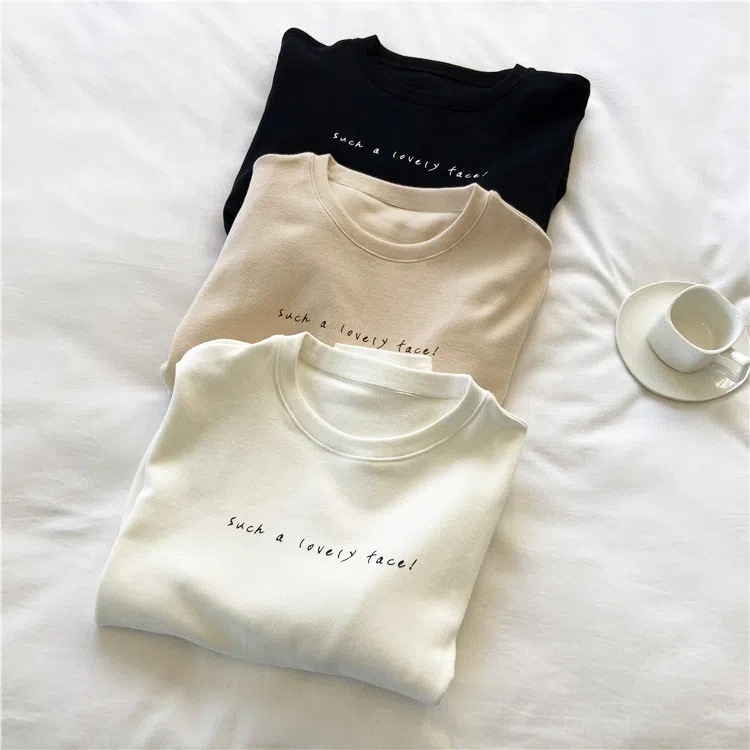 Super Soft Waxy Double-Sided Velvet Simple Letter White Base Shirt Women's Autumn and Winter Round Neck Loose Inner Thickened Top Trendy