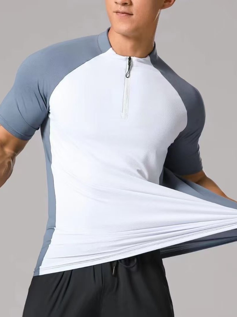 Foreign Trade Half Zipper Training Clothing Men's Ice Silk Elastic Quick-drying Clothes Short-sleeved Summer Sports Track and Field Sports Running T-shirt