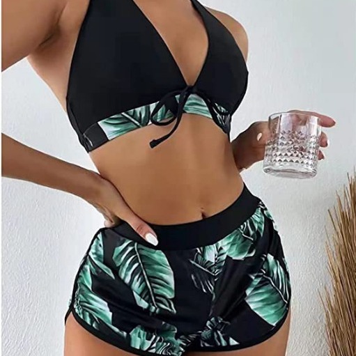 2022 Cross-border Swimsuit Women's Plain Printed Contrast Bikini Fashionable Leaves Printed Swimsuit Two-piece Set