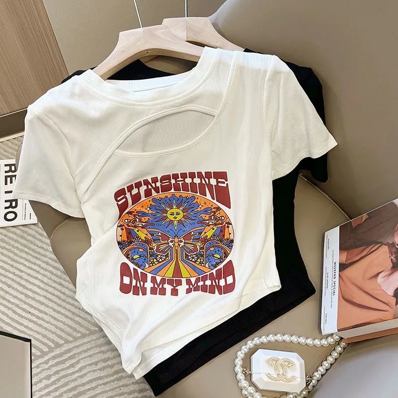Hollow Irregular Printed T-shirt Women's Trendy ins2024 Summer New Slim-fit Slimming Pure Sweet and Hot Short-sleeved Top