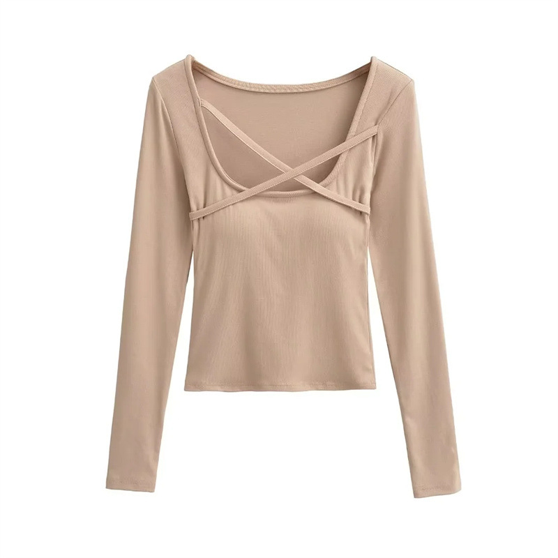 Picture of Ins Spice Girl Square Collar Cross Rope with Chest Pad Long-sleeved T-shirt Autumn New Light Mature Pure Slim-fit Short Base Shirt