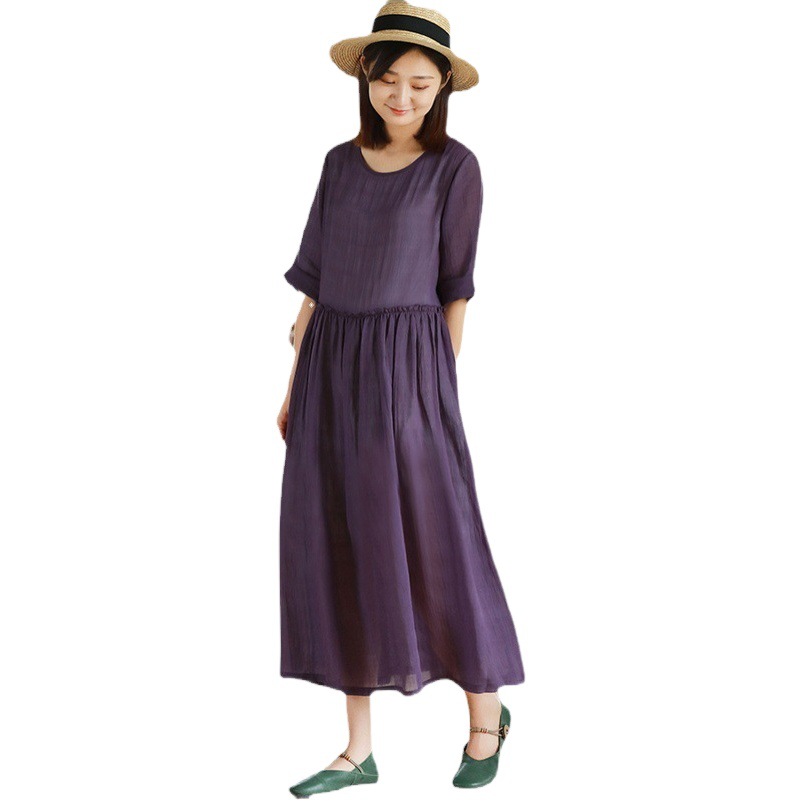 2023 New Summer Cotton Linen dress Women's High Waist Slimming Artistic Loose Retro Seven-Sleeve Round Neck Dress