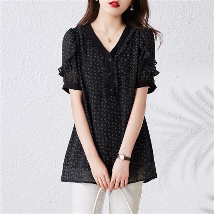 Picture of Real Shot chubby girl Printed Elegant Short-sleeved Shirt Summer New Belly Covering Loose Slim T-shirt Top