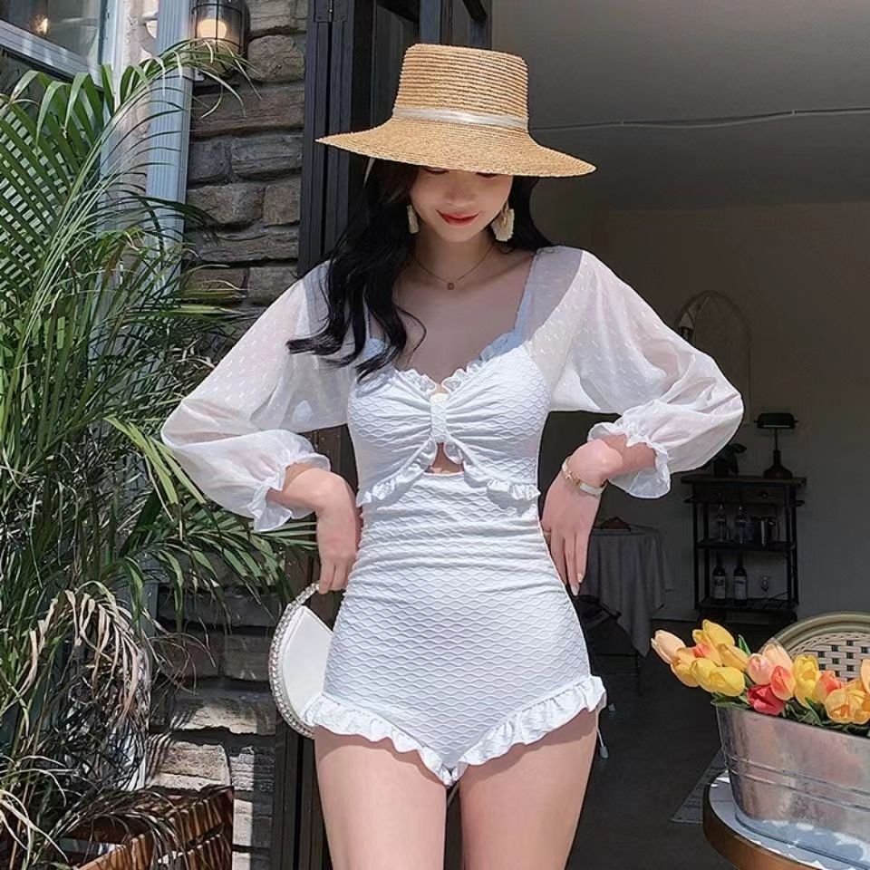 2023 South Korea new fresh student fairy swimsuit sexy backless long sleeve sun protection wooden ear one-piece swimsuit