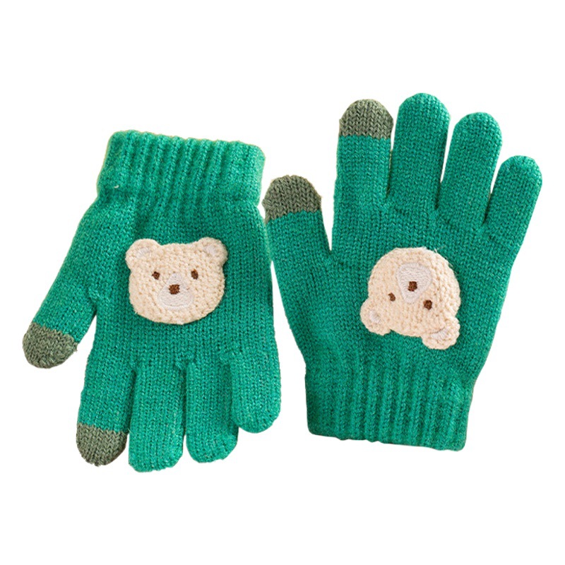 Children's gloves autumn and winter new boys and girls cartoon bear cold-proof warm baby five-finger wool knitted gloves