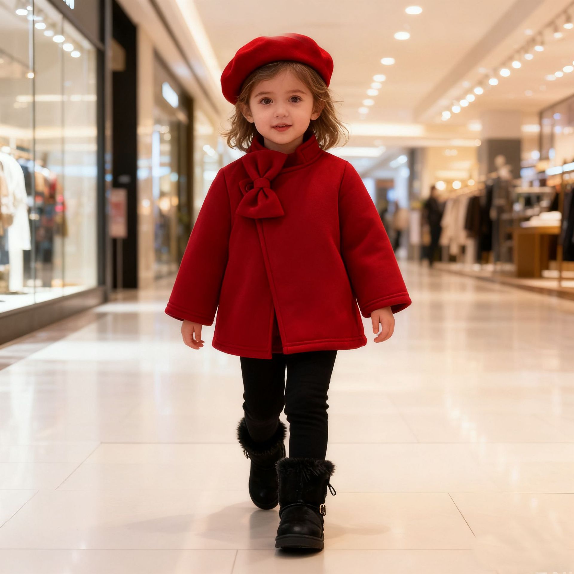 Baby Girl Autumn and Winter Solid Color Bow Collar Jacket Beret Two-piece Set