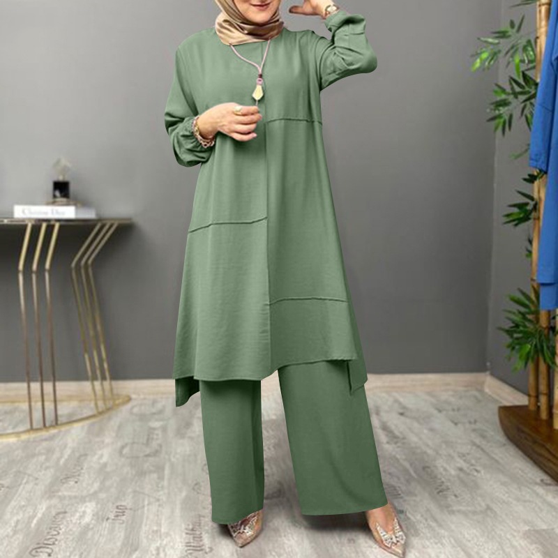 Picture of Muslim Women's Urban Sportswear Two-Piece Elegant Puff Sleeve Shirt Loose Fashionable Wide Leg Pants Suit