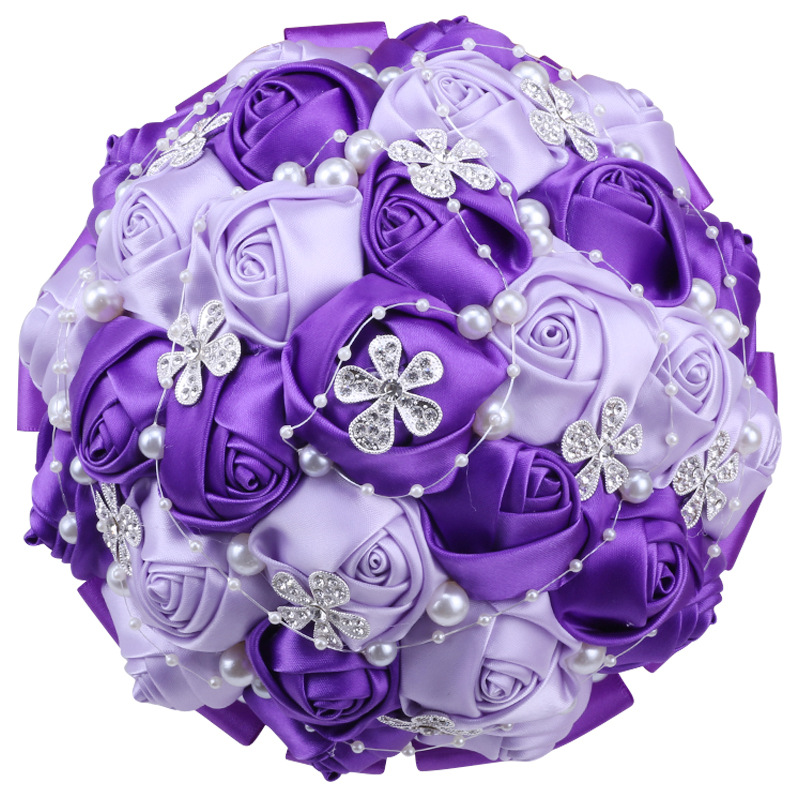 Picture of European and American Super Beautiful Ribbon Flower Wedding Supplies Bride's Hand-held Flower Five-flower Beaded Hand-held Flower Wedding Supplies Hand-held Flower