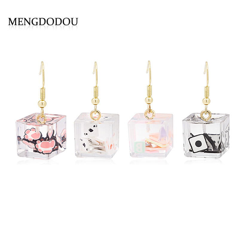 Japanese and Korean Style Creative Fun Three-Dimensional Square Earrings Women's Cartoon Personalized Cat's Claw Poker Letter Dice Exaggerated Earrings