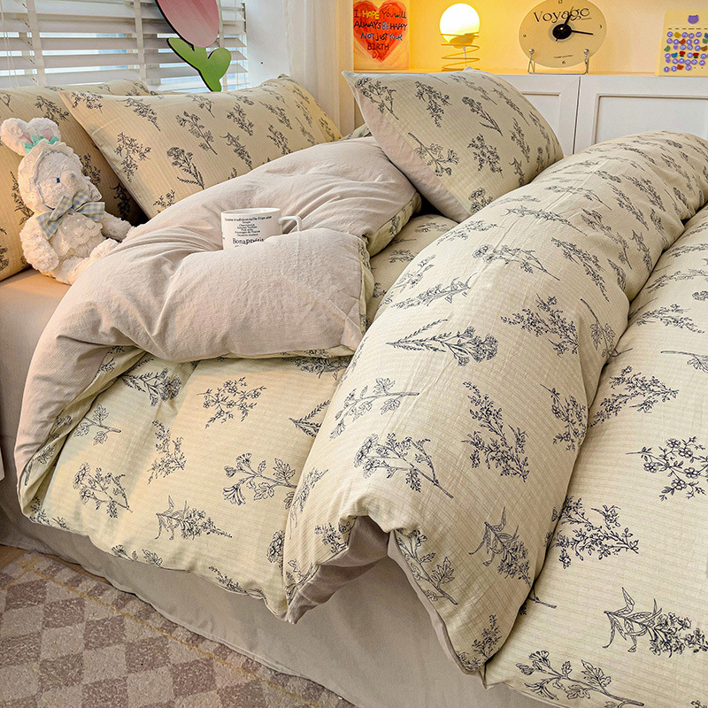 Picture of Class A Maternal and Infant Grade Fresh Small Zhu Cotton Four-piece Set Washed Cotton Bed Sheet Quilt Cover Three-piece Set for Student Dormitory