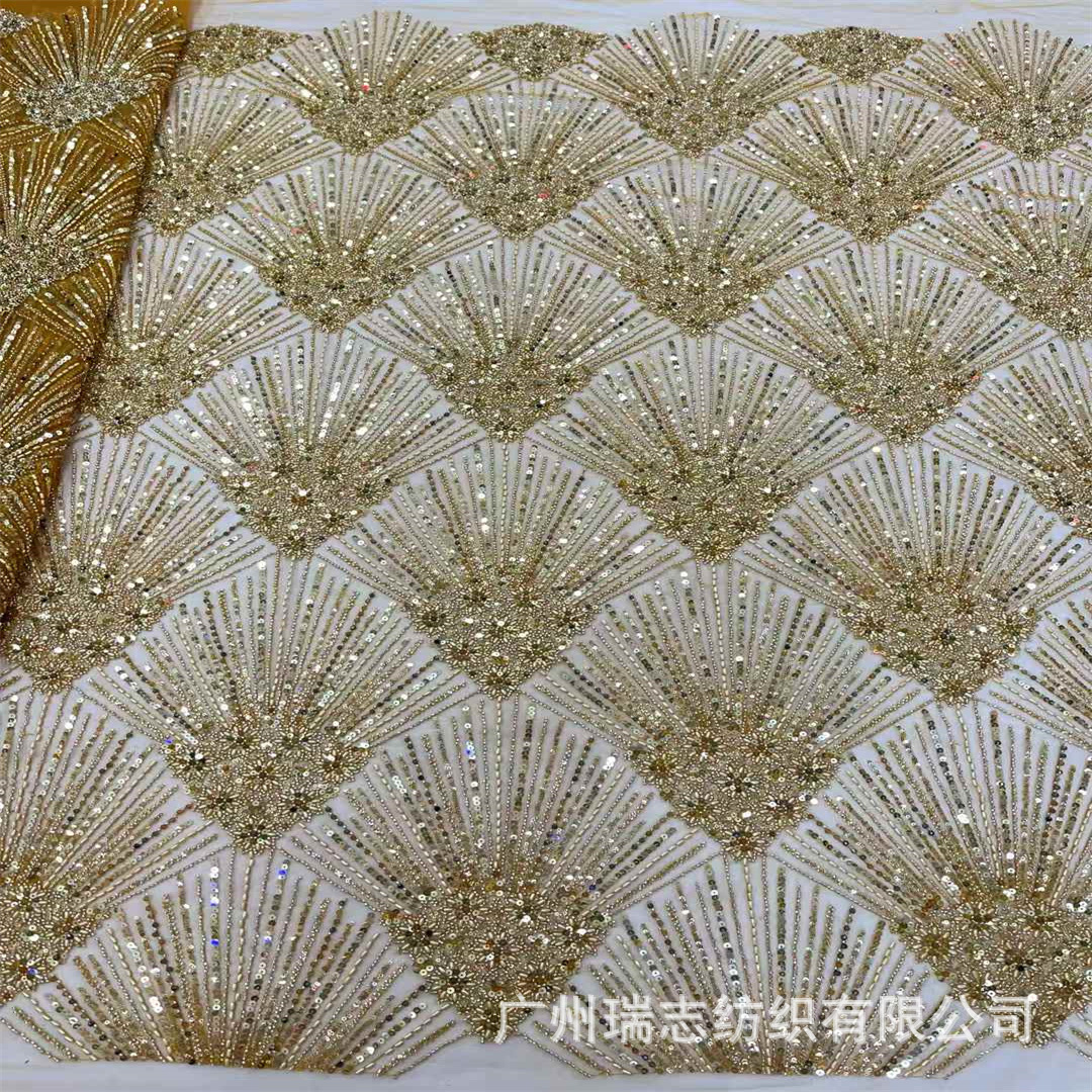 V-Shaped Stripesd Bead Embroidery Heavy Industry Small Long Tube Wedding Dress Train Skirt Lace Fabric Dress Beaded Lace