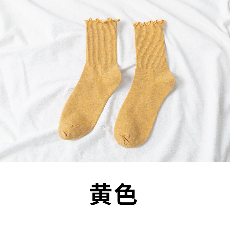 Picture of White lace socks women's mid-calf spring and autumn wooden ear socks ins trendy all-match college style Japanese jk pile socks
