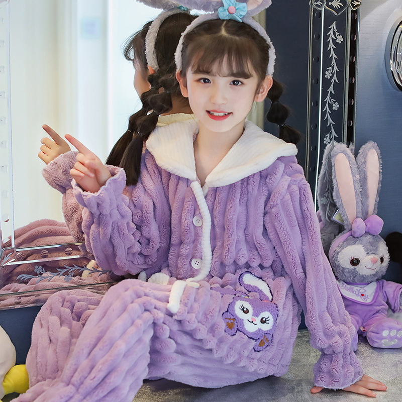 Picture of Children's Pajamas Flannel Autumn and Winter Girls' Coral Fleece Thickened Warm Style Middle and Large Children's Girls' Home Clothes suit