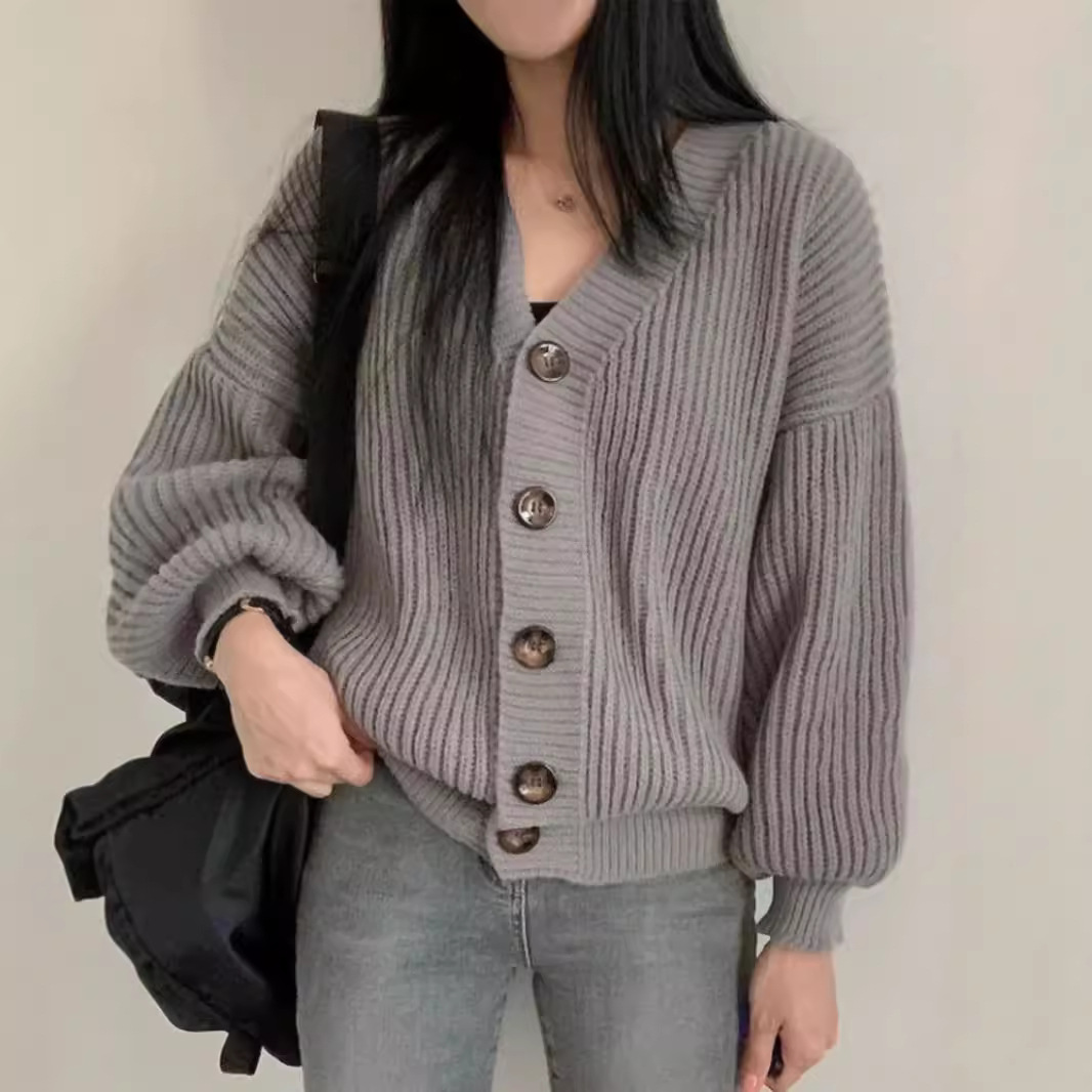 Picture of Early Autumn New Versatile Sweater Jacket for Women Loose Large Version Lazy Lantern Sleeve Warm Thick Knitted Cardigan Gray